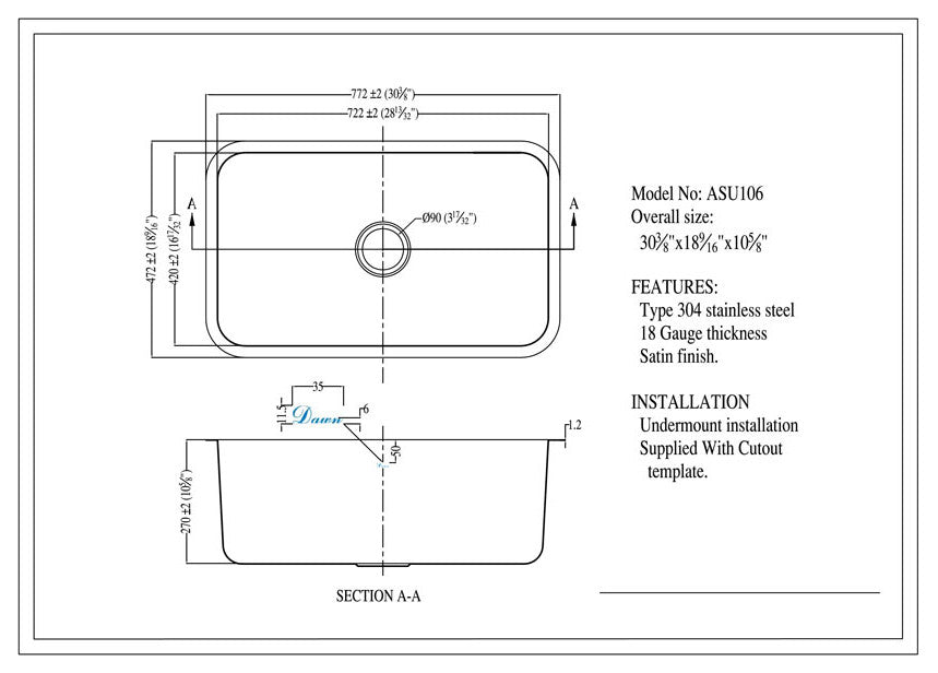 Dawn ASU106 Undermount Rounded Single Bowl Kitchen Sink