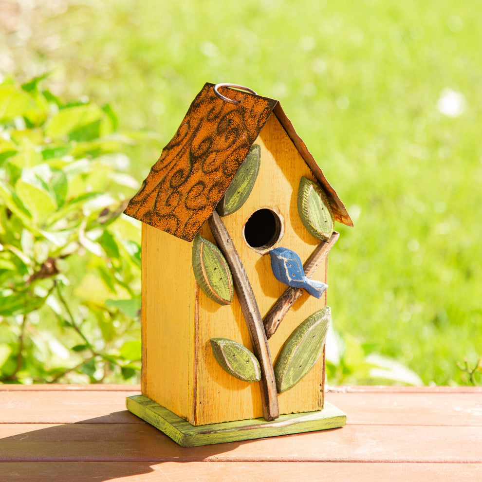 9.75"H Washed Yellow Distressed Solid Wood Birdhouse With 3D Tree and Bird