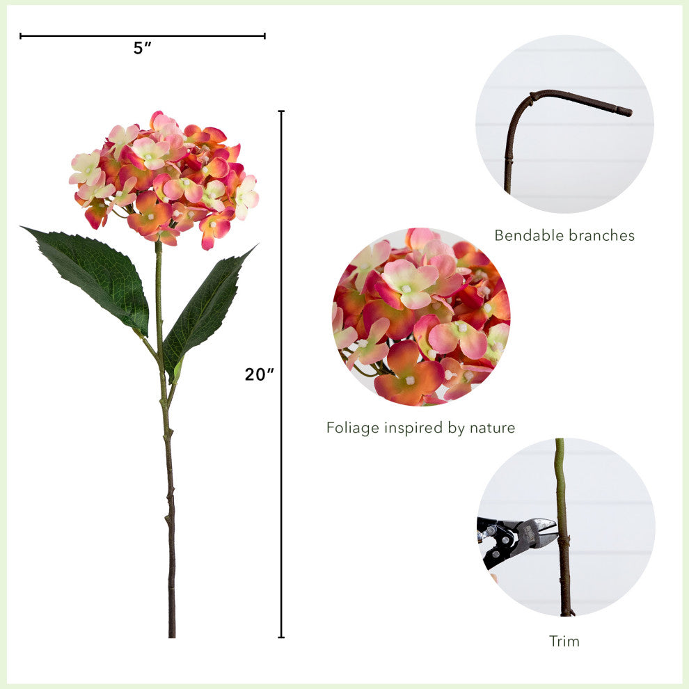 20" Artificial Hydrangea Flower Stems, Set of 3, Pink