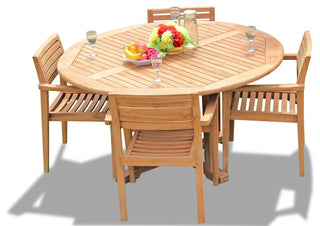 5-Piece Outdoor Teak Dining Set, 60" Round Table, 4 Montana Stacking Chairs