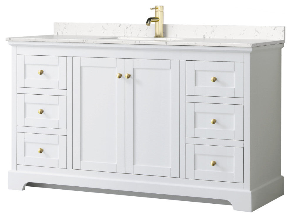 60" Single Vanity White, Light-Vein Carrara Cult Marble Counter, Sink, Gold Trim