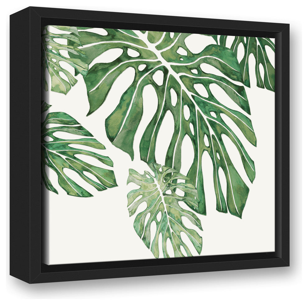 Green Tropical Leaves 12x12 Black Floating Framed Canvas