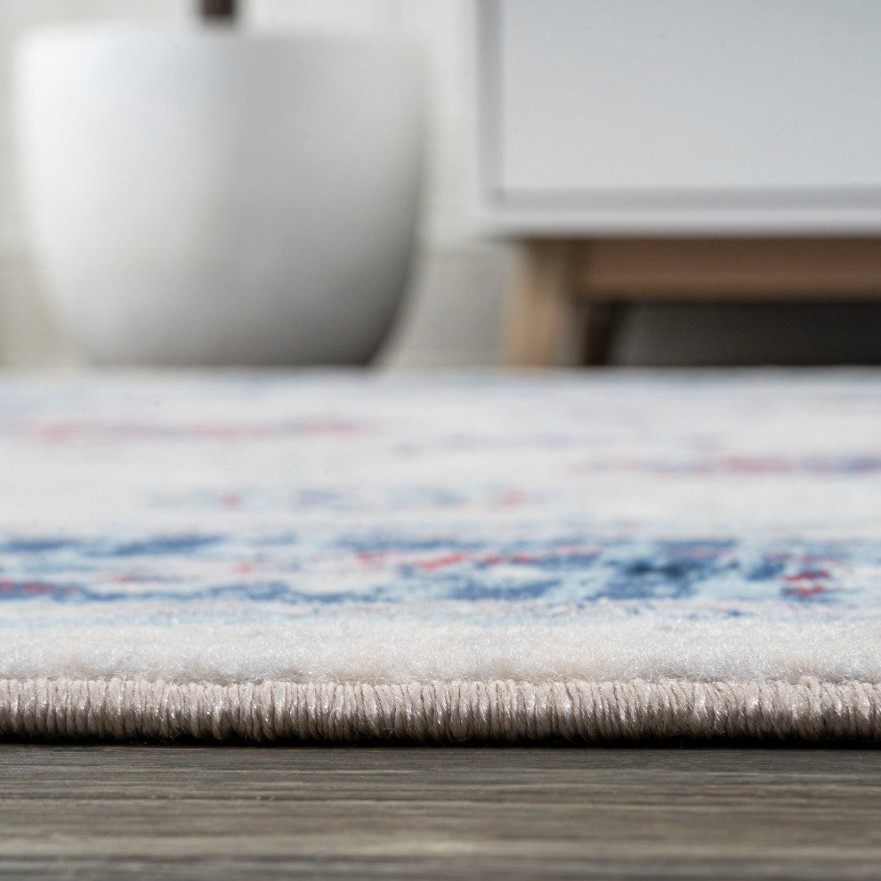Modern Persian Vintage Moroccan Traditional Cream/Navy 2'x8' Runner Rug