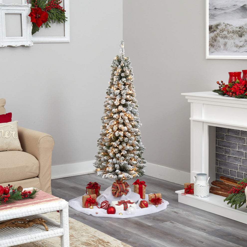 Nearly Natural 5ï¿½ Flocked Pencil Artificial Christmas Tree with 200 Clear Lights