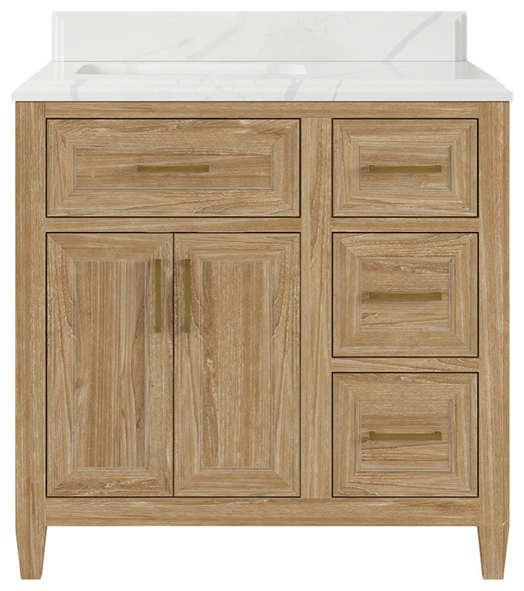 Santa Monica 36 Left Offset  Bath Vanity in Whitewashed Teak 1.5" Calacatta Laza