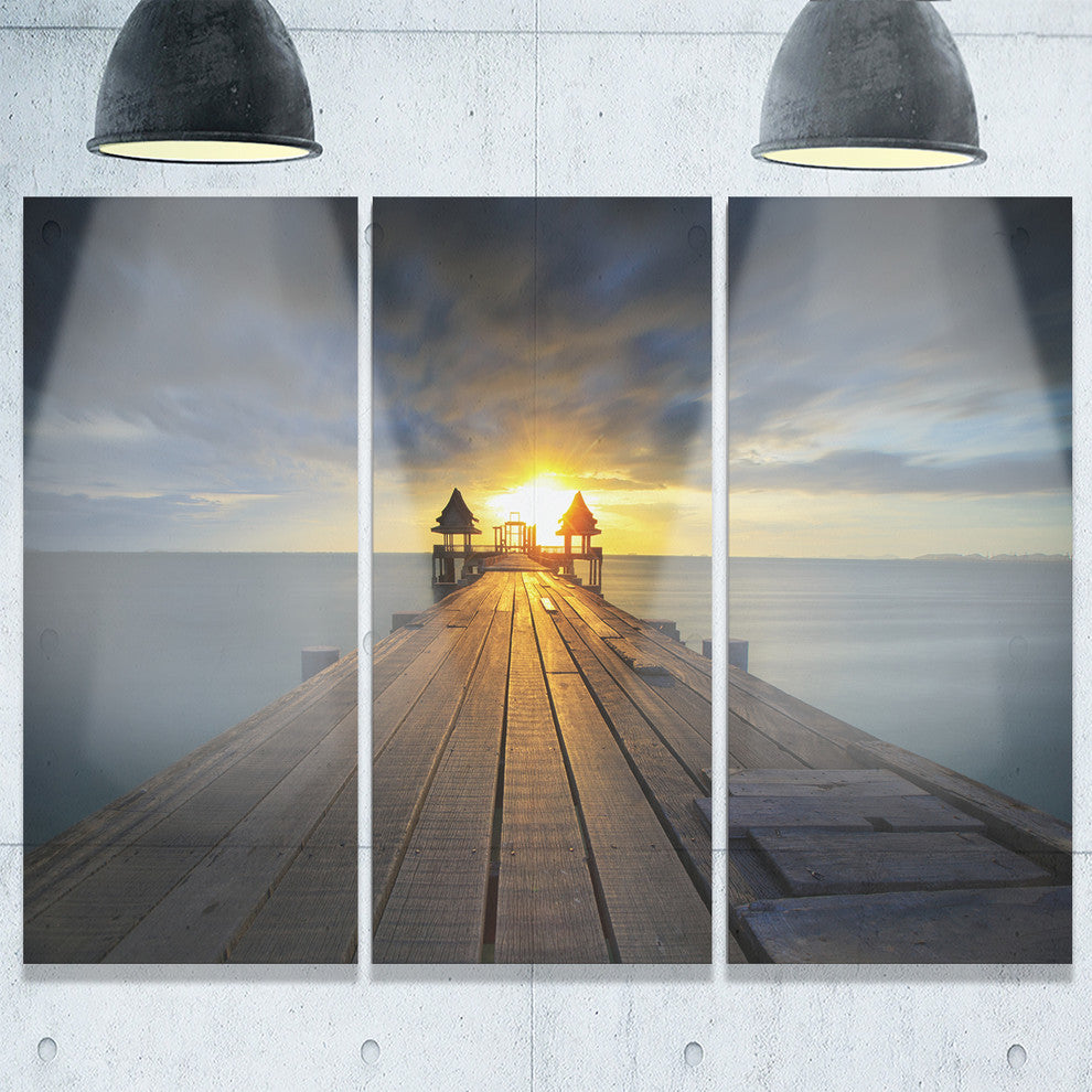 "Illuminated Wooden Bridge in Sunlight" Metal Wall Art, 3 Panels, 36"x28"