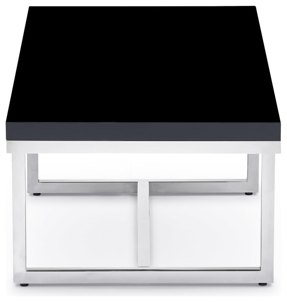 Modern Straz Coffee Table Glossy Black Lacquer Top Polished Stainless-Steel Base