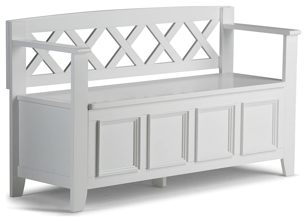 Transitional Storage Bench, X-Shaped Patterned Back and Raised Accents, White