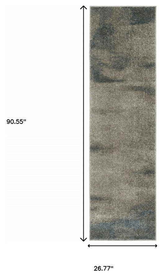 8' Runner Grey and Teal Blue Abstract Power Loom Runner Rug