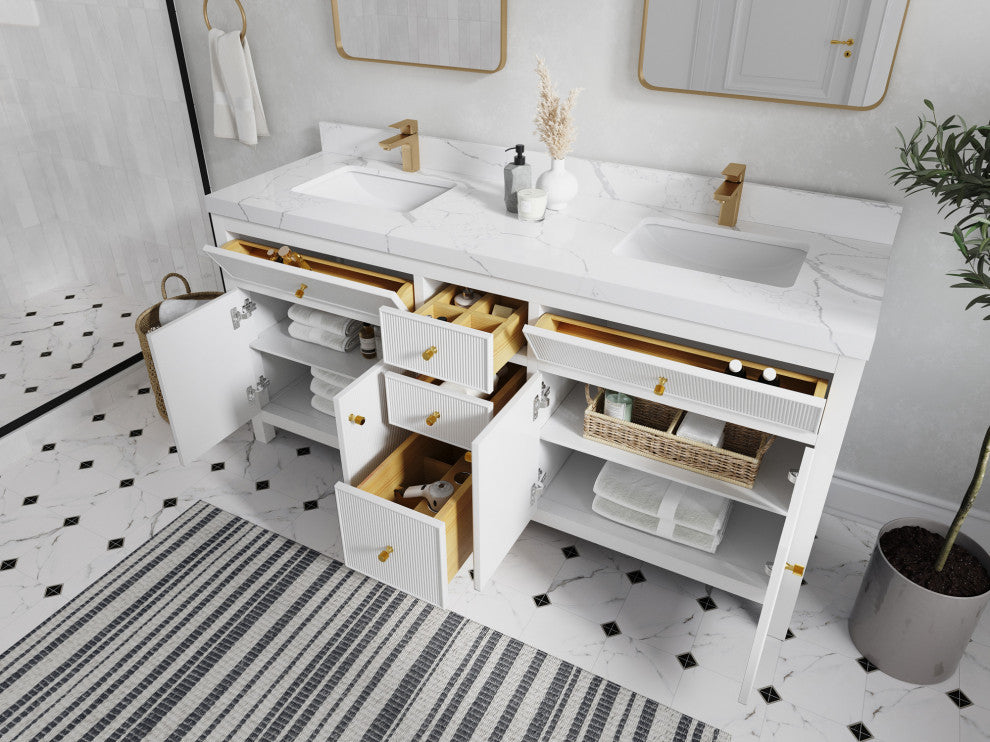 Sonoma 72 Double Sink Reeded Bath Vanity in White 2" White Quartz