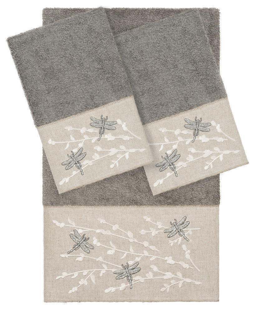 Linum Home Turkish Cotton Braelyn 3-Piece Embellished Towel Set, Dark Gray