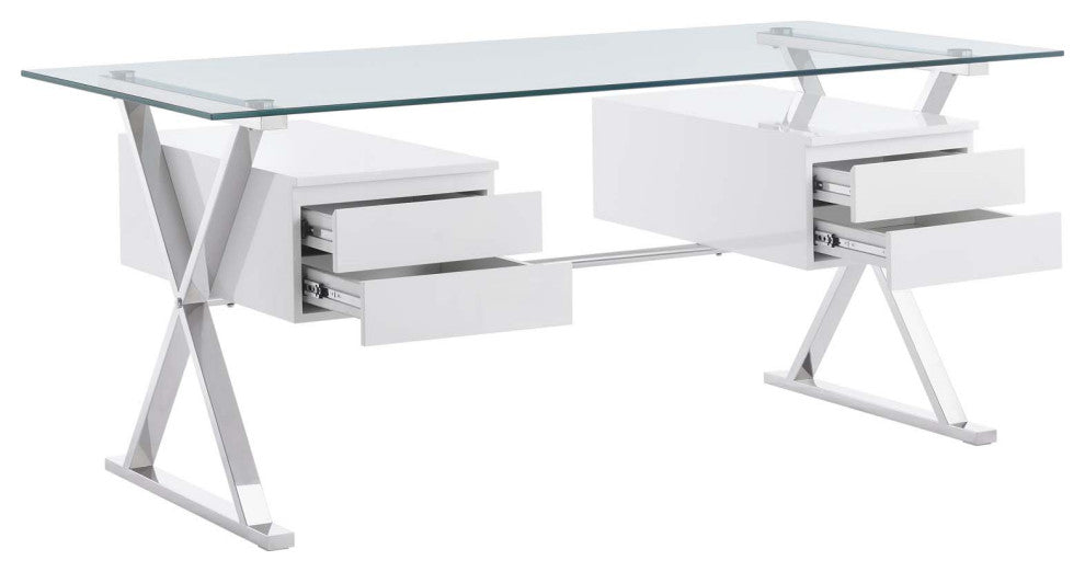 Sector 71" Glass Top Glass Office Desk, White