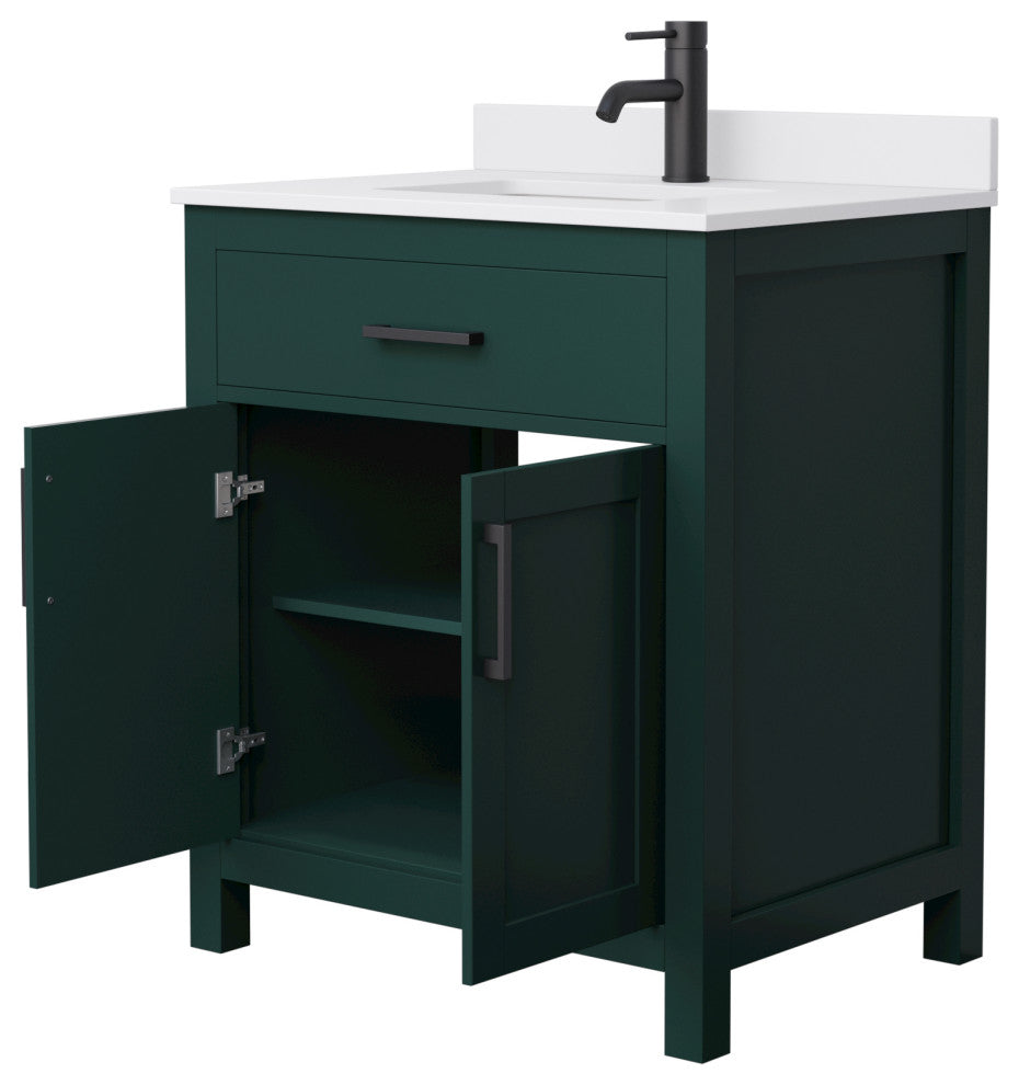 30"SGL Bathroom Vanity, Green, White Cult. Marble Countertop, Sink, Black Trim