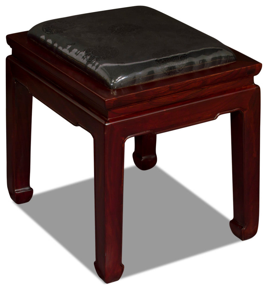 Dark Cherry Elmwood Chinese Ming Bench with Black Silk Cushion