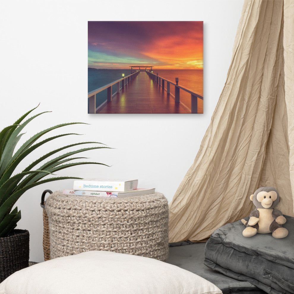 Surreal Wooden Pier At Sunset Intrigued Landscape Photo Canvas Art Print, 16" X 20"