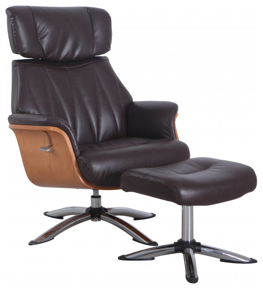 HomeRoots Espresso Faux Leather Swivel Adjustable Recliner and Ottoman Set