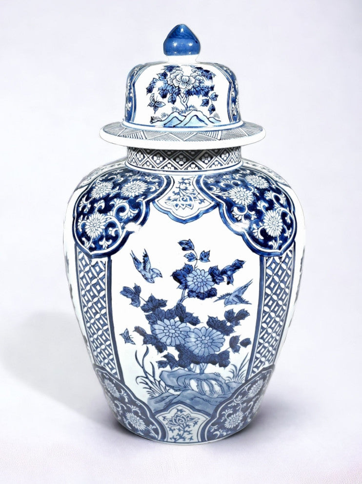 17" Porcelain Ginger Jar With Floral Design, Blue and White