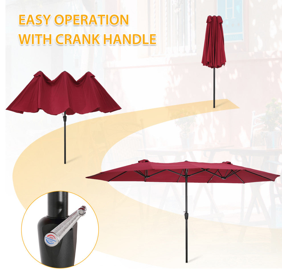 15'x9' Steel Double-Sided Rectangular Outdoor Market Patio Umbrella, Red