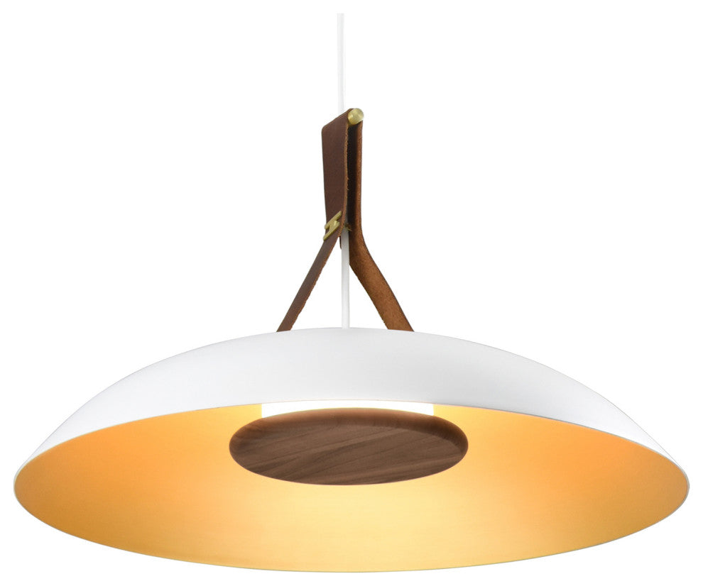Volo LED Pendant, Cava - White Shade/Brushed Brass/Brown Leather/Walnut, 4000K