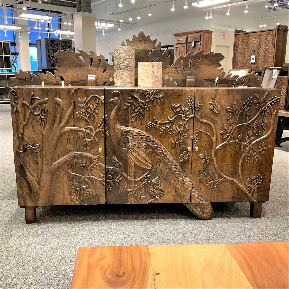 Mother Nature 60" Solid Wood Sideboard Hand Carved Peacock Bird Front Doors