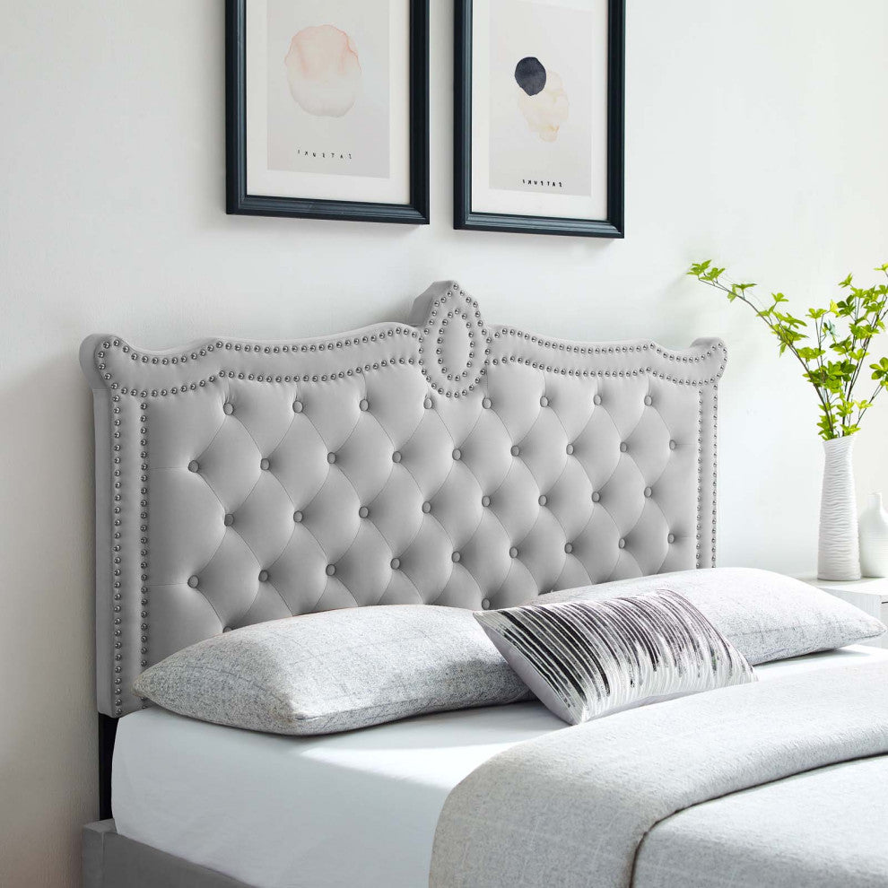 Headboard, Full Queen Size, Velvet, Light Gray, Modern Contemporary