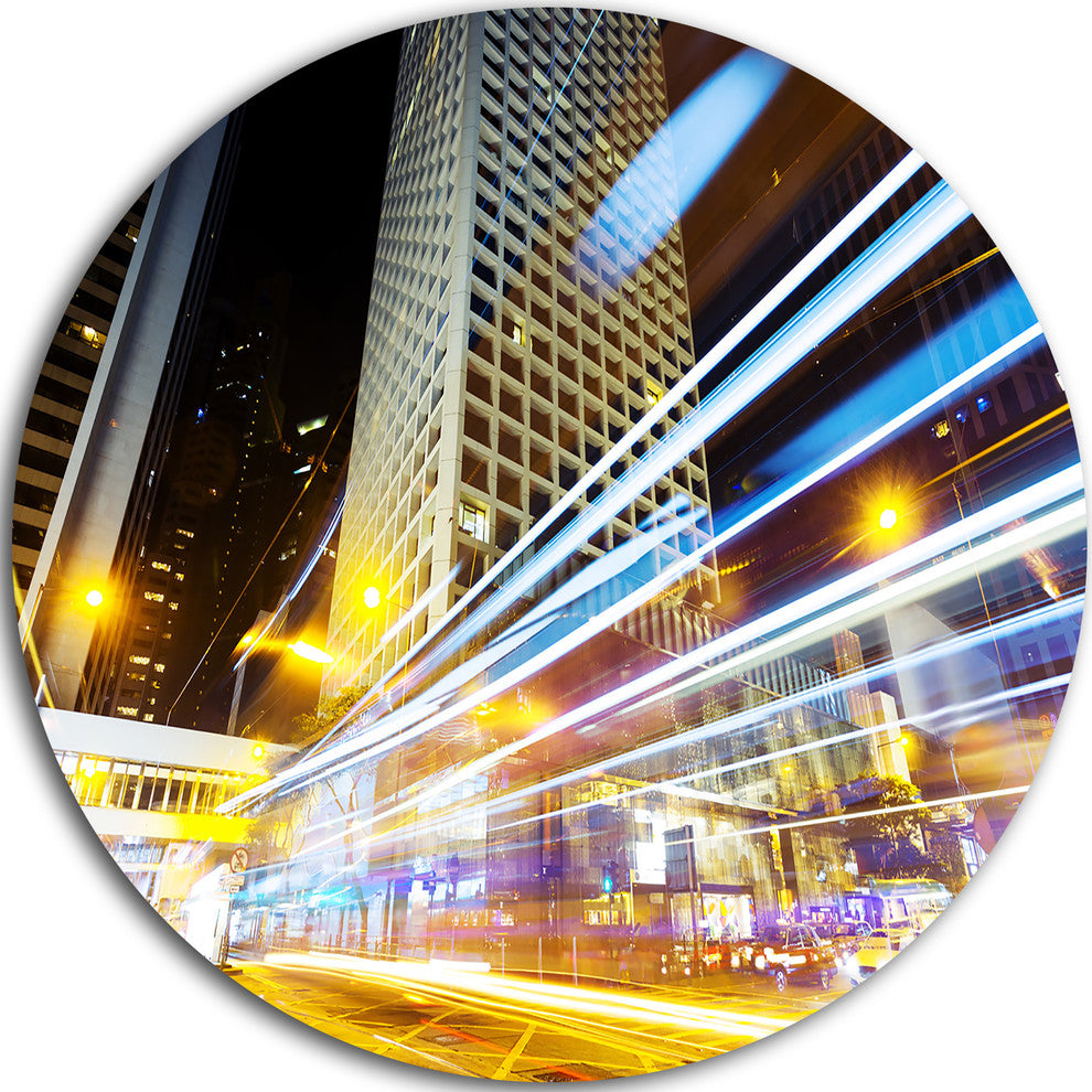 Urban City Traffic Trails, Cityscape Large Disc Metal Wall Art, 23"