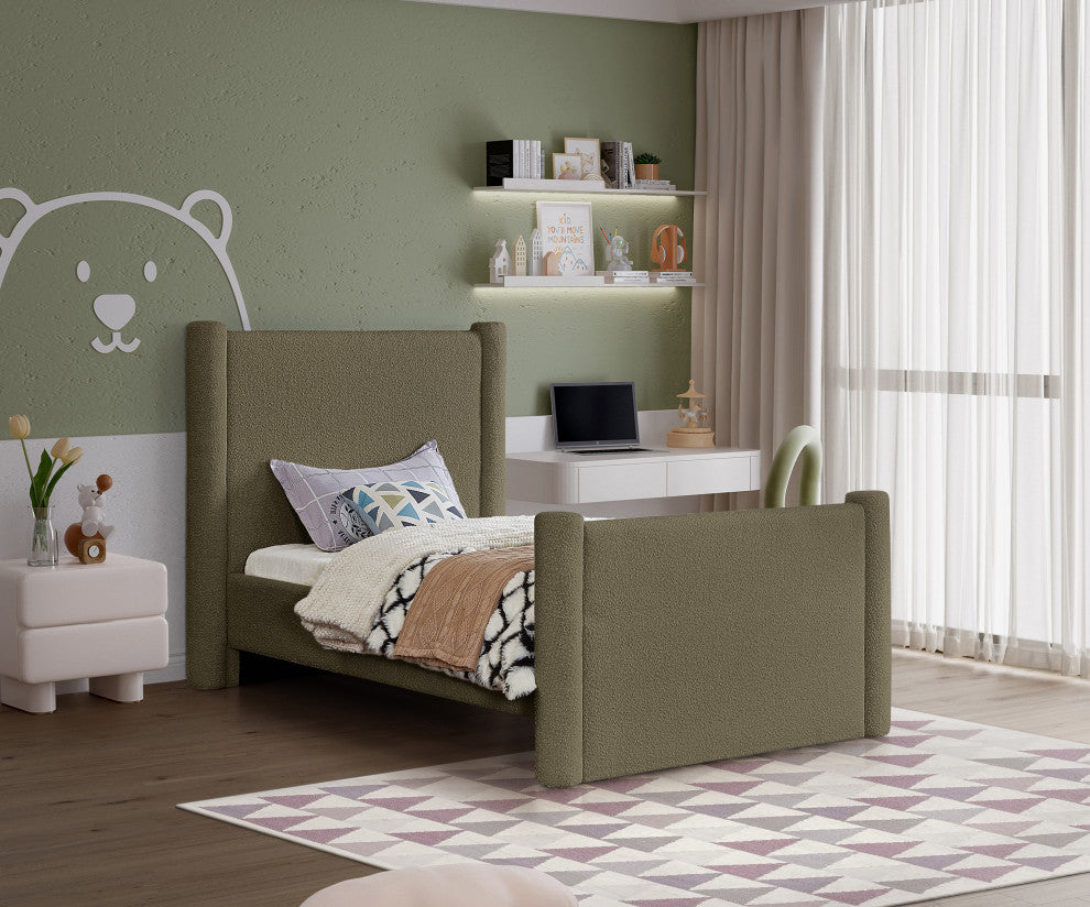 Elias Upholstered Bed, Green, Twin, Boucle Fabric