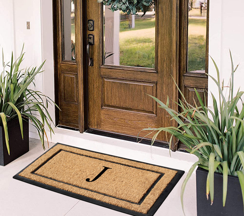 A1HC Rubber & Coir Large Outdoor Durable Monogrammed Doormat, 24"X39", Beige, J
