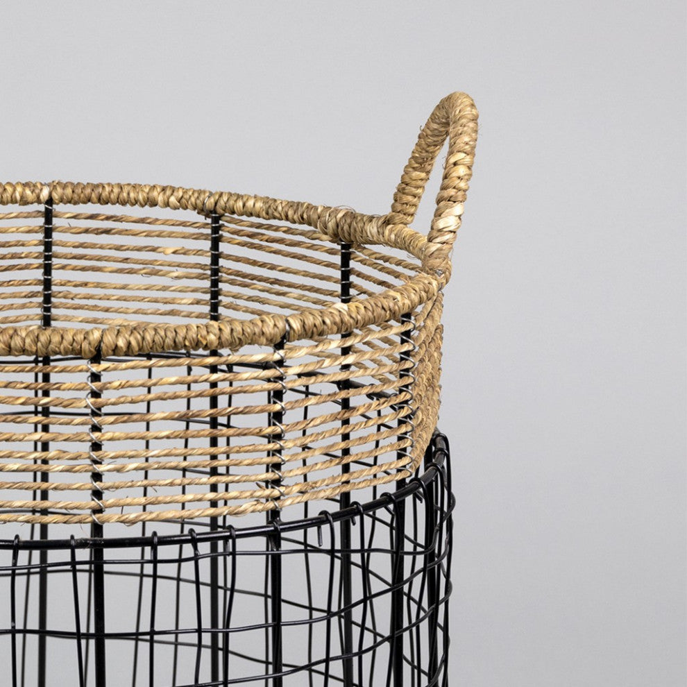 Set of Two Black Wire and Jute Baskets