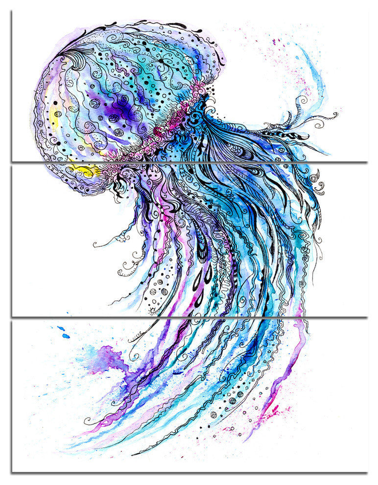 "Jelly Fish Watercolor" Painting Metal Wall Art, 3 Panels, 28"x36"