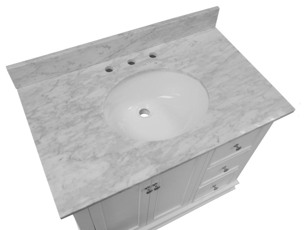 Bella 36" Bathroom Vanity, White, Carrara Marble