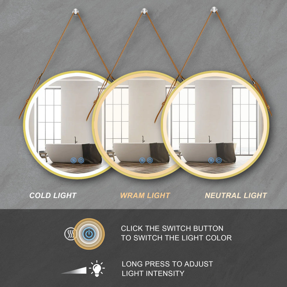 Round Framed Anti-Fog Dimmable Rope Hanging LED Bathroom Vanity Mirror, Godl, 32"32"