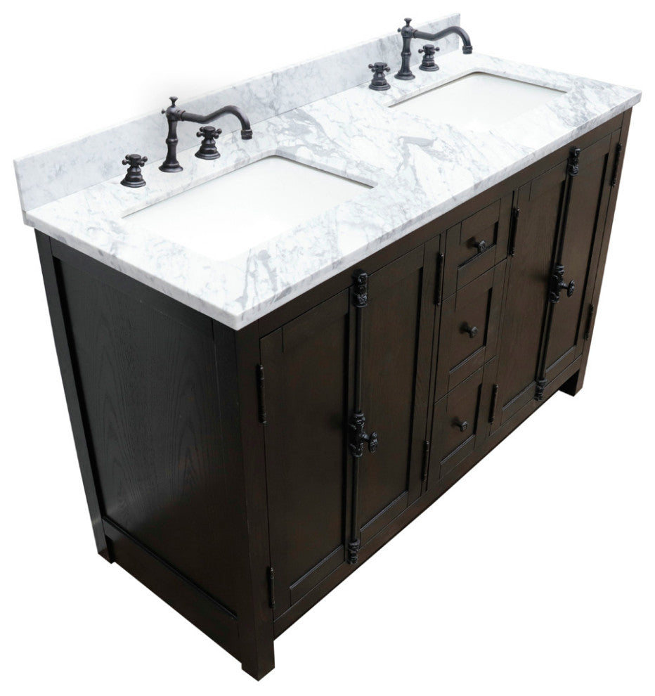 55" Double Vanity, Brown Ash With White Carrara Top, Mirrors and Rectangle Sinks