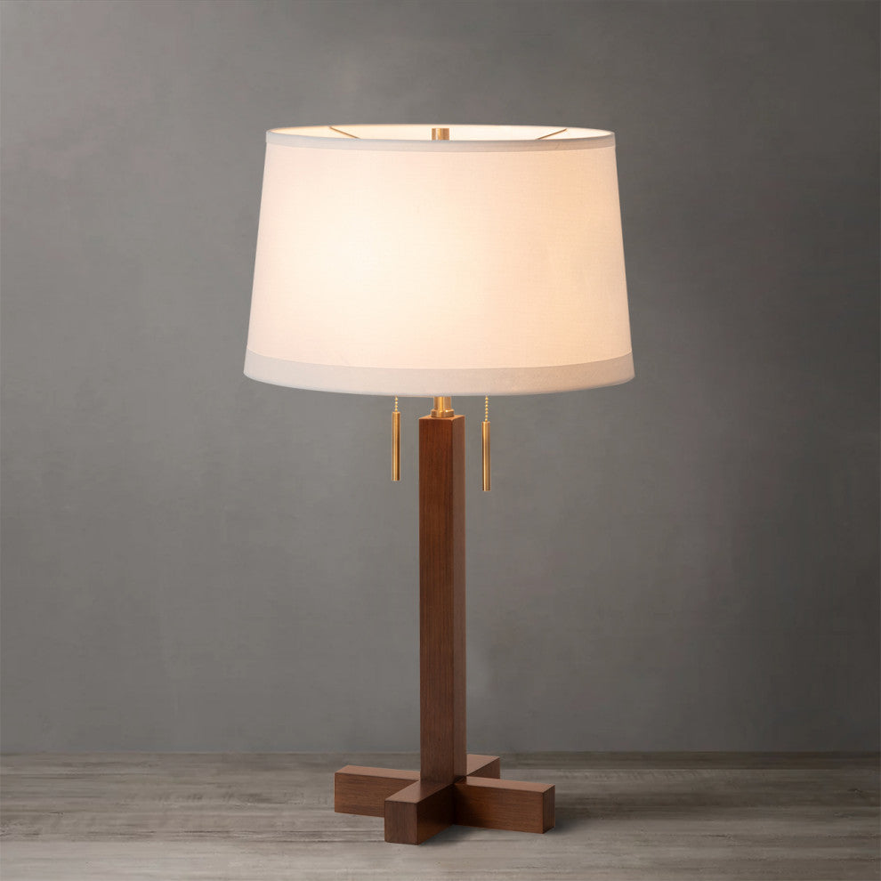 Swiss Cross Table Lamp - Dark Walnut Wood Finish, Weathered Brass, White Shade