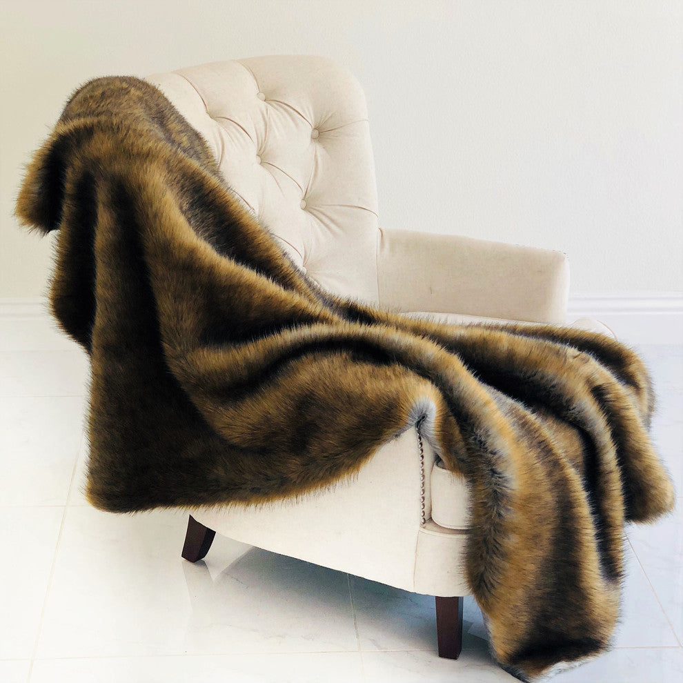 Plutus Brown and Grey Wild Grizzly Bear Faux Fur Luxury Throw, Blanket 80l X 110