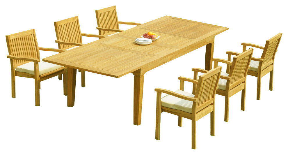 7-Piece Outdoor Teak Dining Set: 122" Rectangle Table, 6 Lev Stacking Arm Chairs