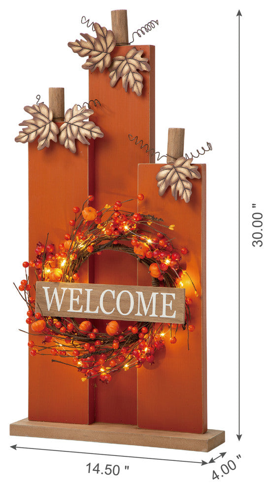 30"H Fall Lighted Wooden Pumpkin Decor WithWreath