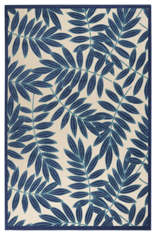 7 x 10 Navy and Beige Leaves Indoor Outdoor Area Rug