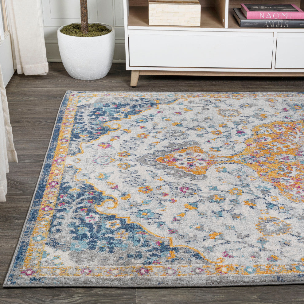 Lorena Ornate Boho Medallion Light Gray/Dark Blue/Orange 5'x8' Area Rug