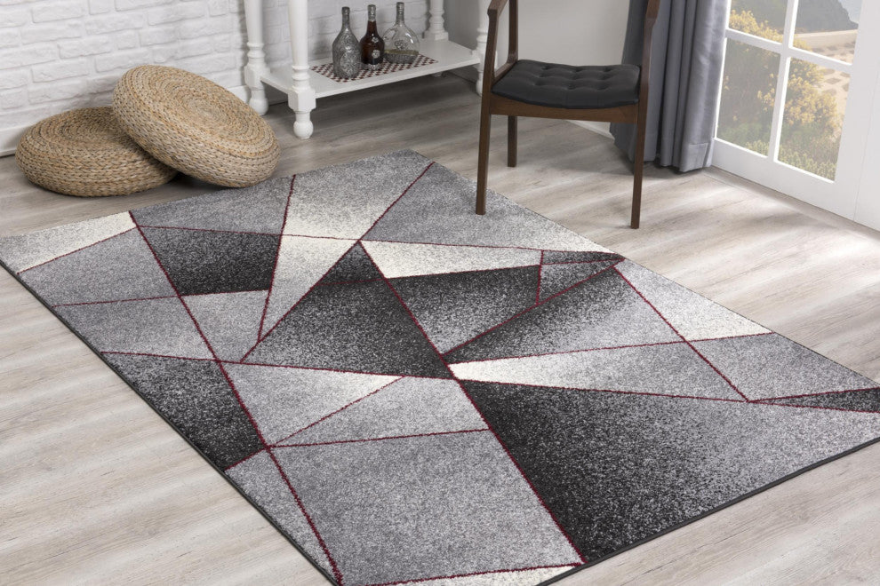 8"x11" Gray and Red Prism Pattern Area Rug