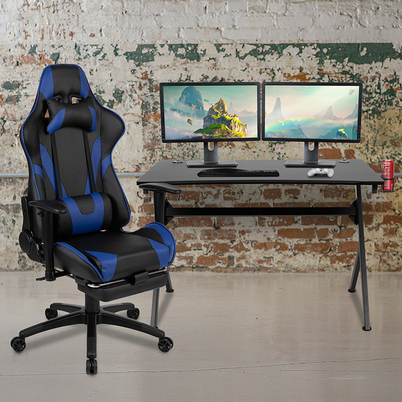 Black Gaming Desk & Footrest Reclining Chair Set, Blue