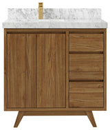 Madison Teak 36 Left Offset Bath Vanity in Dark Natural 2" Carrara Marble