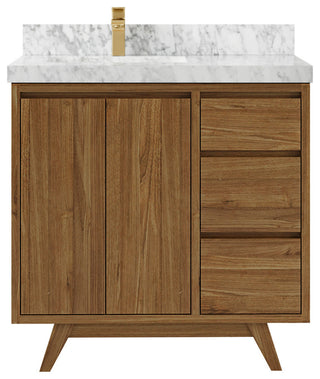 Madison Teak 36 Left Offset Bath Vanity in Dark Natural 2" Carrara Marble