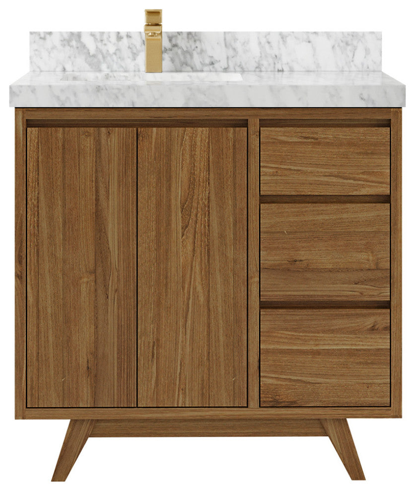 Madison Teak 36 Left Offset Bath Vanity in Dark Natural 2" Carrara Marble