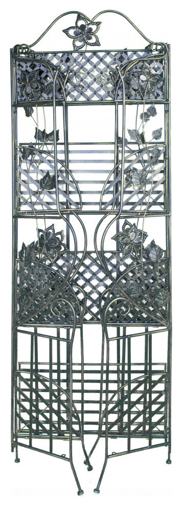 HomeRoots Blackened Gunmetal Steel Floral 4 Shelf Bakers Rack