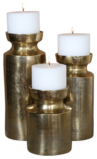 Rustic Antique Style Brass Pillar Candle Holder Set 3 | Classic Traditional Gold