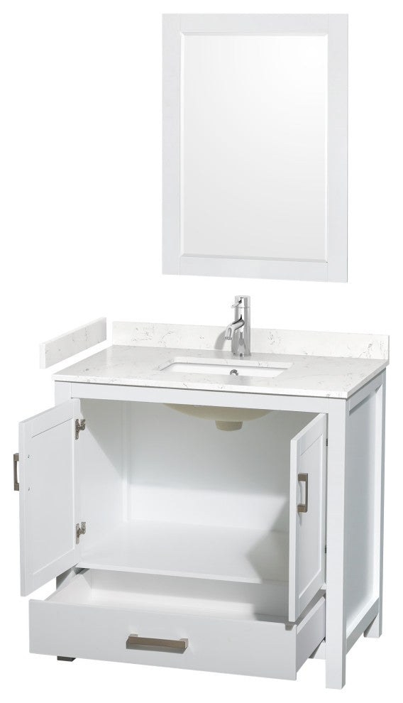 36"SGL Bathroom Vanity White, Carrara Cult. Marble Countertop, Sink, 24" Mirror