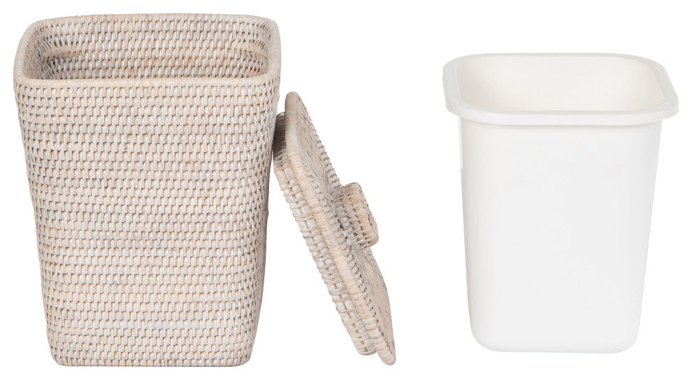 Rattan Square Waste Basket, Lid, Plastic Insert, White-Wash
