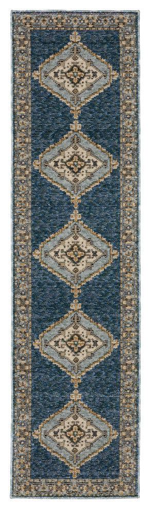 Adeline Traditional Double Medallion Blue/ Gold Area Rug Runner 2'3" x 8'