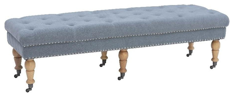 Linon Isabelle Upholstered 62" Long Bench Wood Legs in Washed Blue Linen Fabric